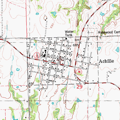 Topographic Map of Town of Achille, OK