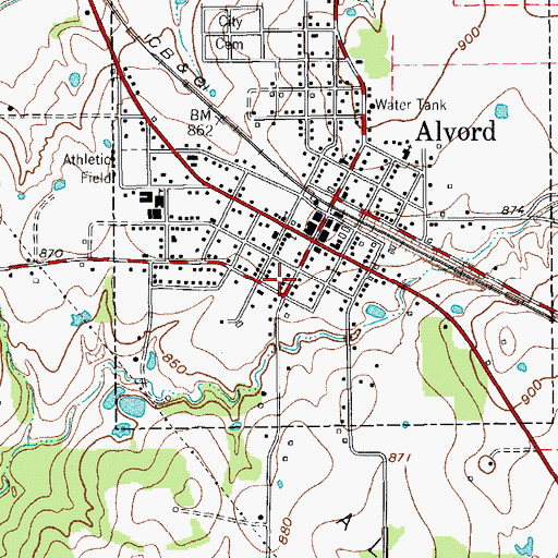 Topographic Map of Town of Alvord, TX