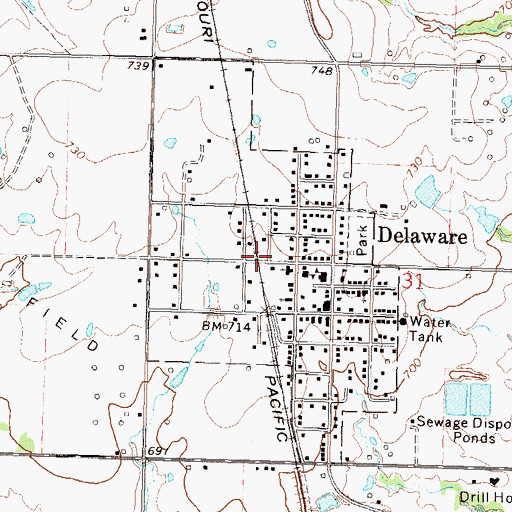 Topographic Map of Town of Delaware, OK