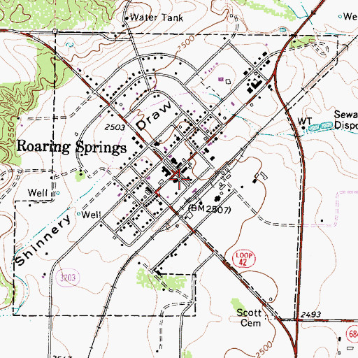 Topographic Map of Town of Roaring Springs, TX