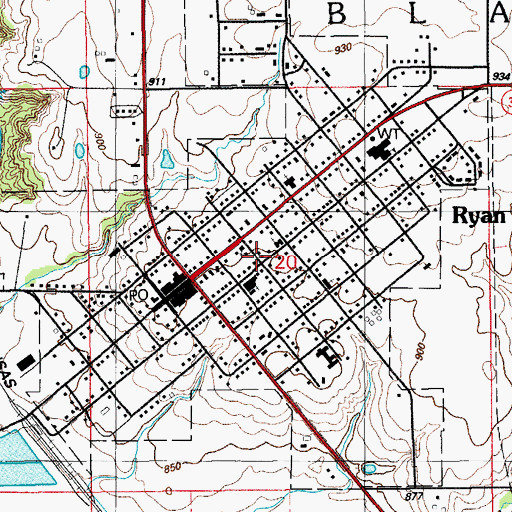 Topographic Map of Town of Ryan, OK