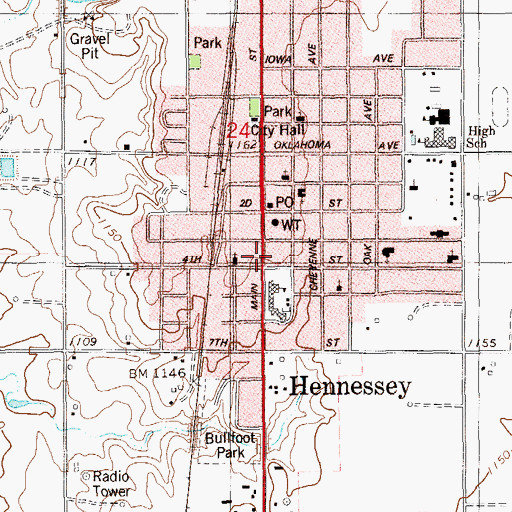 Topographic Map of Town of Hennessey, OK
