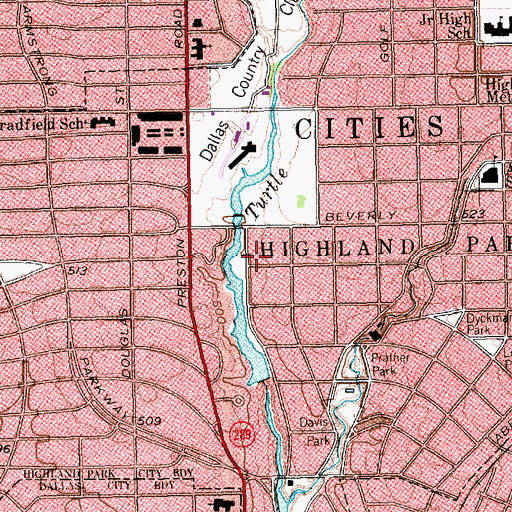 Topographic Map of Town of Highland Park, TX