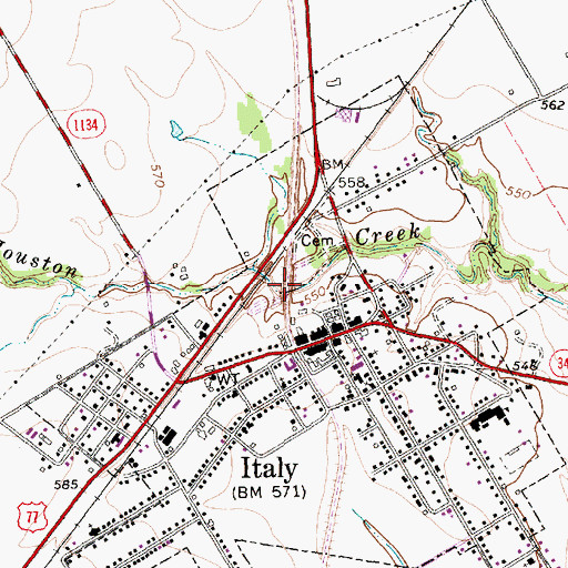 Topographic Map of Town of Italy, TX