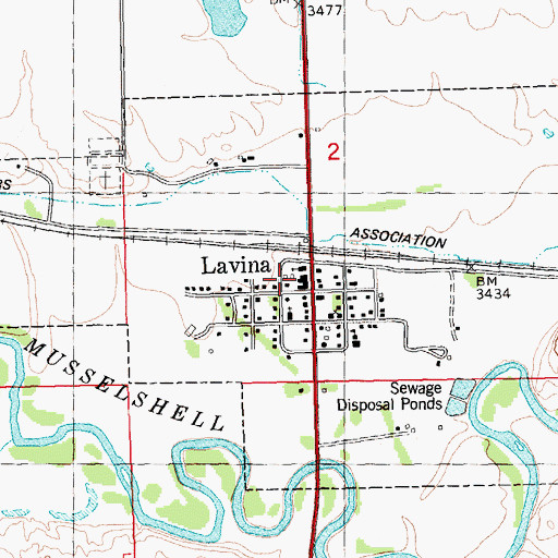 Topographic Map of Town of Lavina, MT