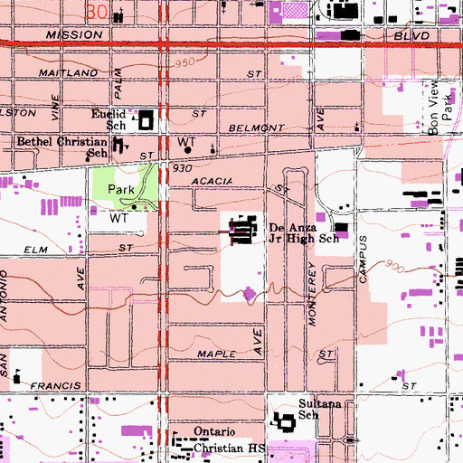 Topographic Map of De Anza Middle School, CA