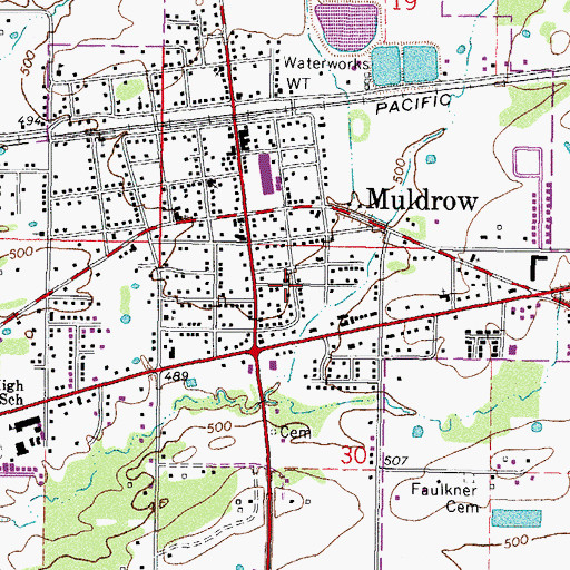 Topographic Map of Town of Muldrow, OK