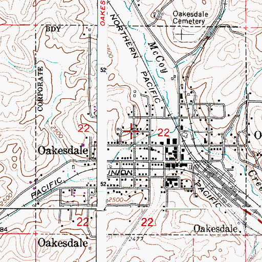 Topographic Map of Town of Oakesdale, WA