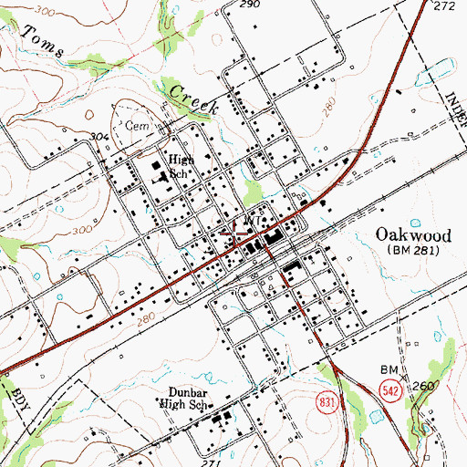 Topographic Map of Town of Oakwood, TX
