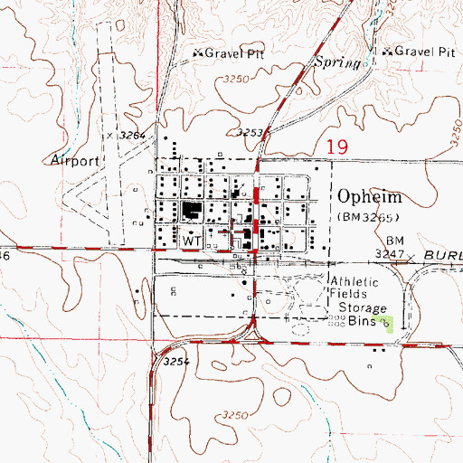 Topographic Map of Town of Opheim, MT