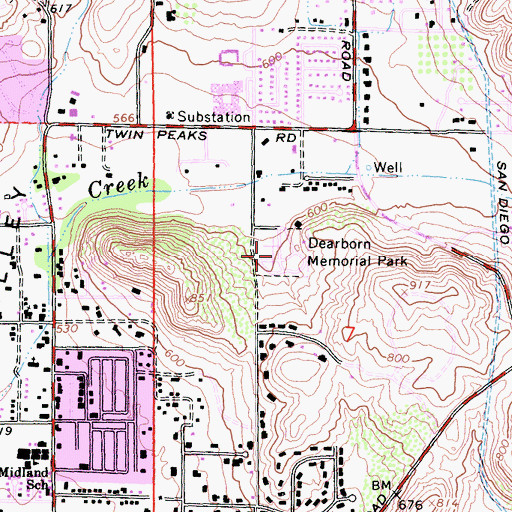 Topographic Map of Dearborn Memorial Park, CA