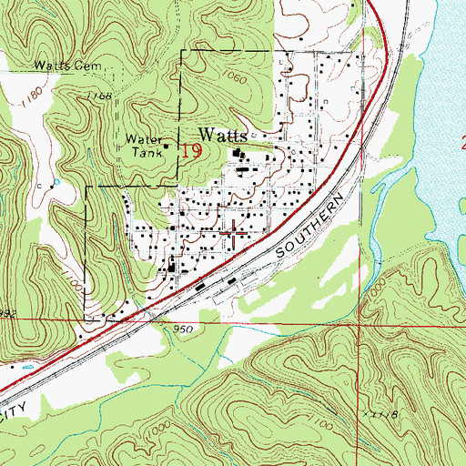 Topographic Map of Town of Watts, OK