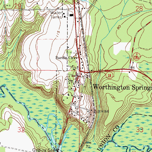 Topographic Map of Worthington Springs Post Office, FL