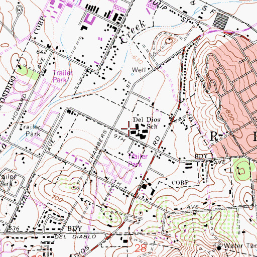 Topographic Map of Del Dios Middle School, CA