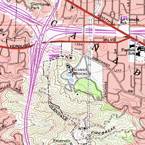 Topographic Map of Descanso Gardens, CA