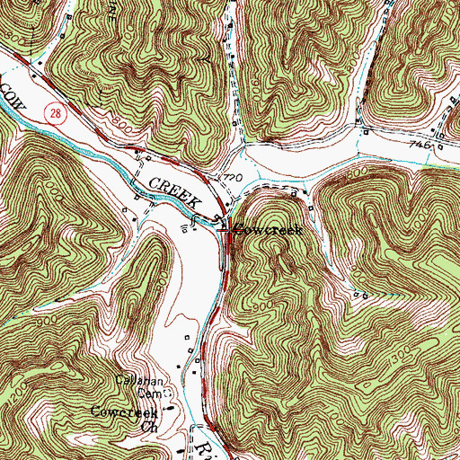 Topographic Map of Cowcreek Post Office, KY