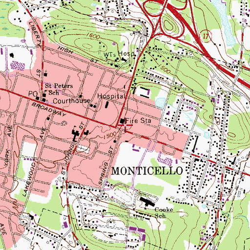 Topographic Map of Monticello Village Hall, NY