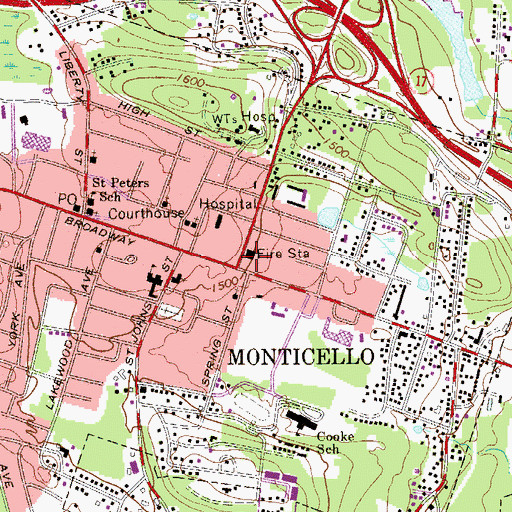 Topographic Map of Monticello Police and Fire Headquarters, NY