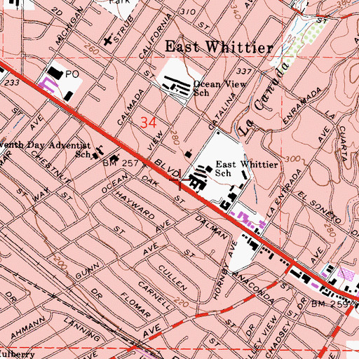 Topographic Map of East Whittier Middle School, CA