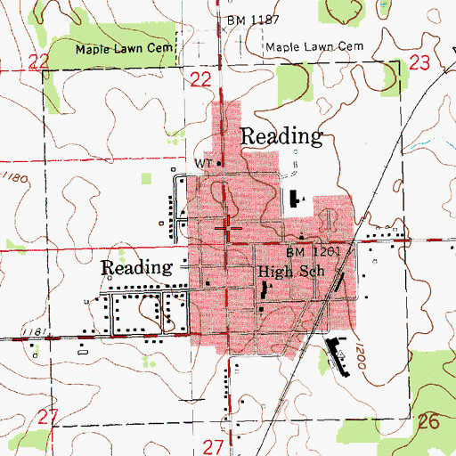 Topographic Map of Reading City Hall, MI