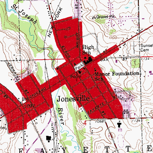 Topographic Map of Jonesville Post Office, MI