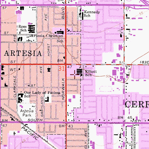Topographic Map of Elliott Elementary School, CA