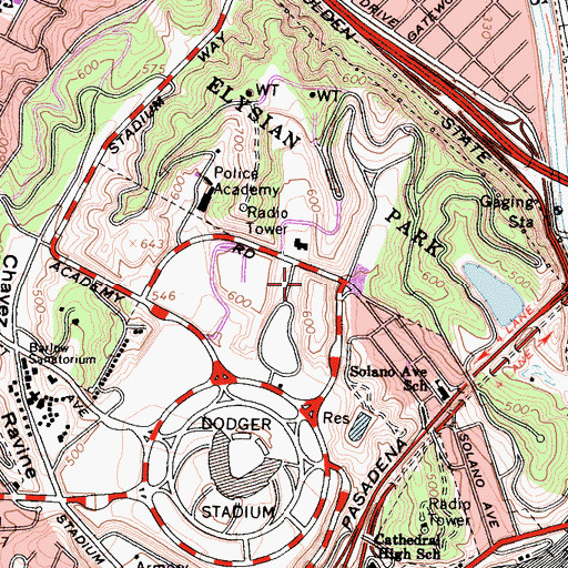 Topographic Map of Elysian Park, CA