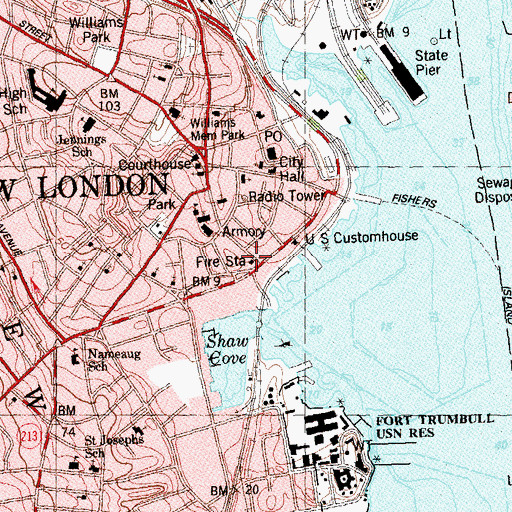 Topographic Map of New London Fire Department Headquarters, CT