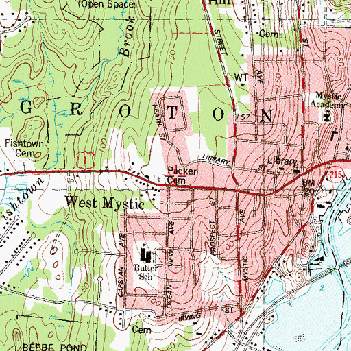 Topographic Map of Mystic Fire District Hook and Ladder Company, CT