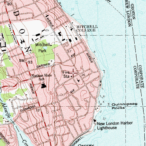 Topographic Map of New London Fire Department South Station, CT