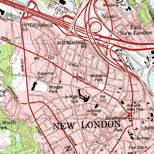 Topographic Map of New London Fire Department North Station, CT