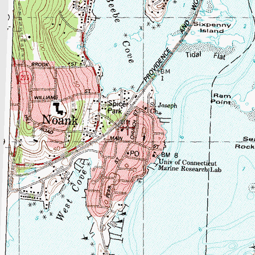 Topographic Map of Noank Volunteer Fire Company 1, CT