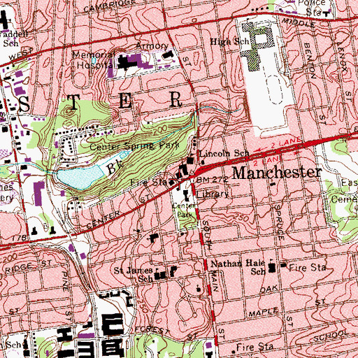Topographic Map of Manchester Fire Rescue Emergency Medical Services Station 2 Headquarters, CT