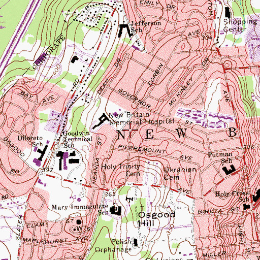 Topographic Map of New Britain Fire Department Station 8, CT