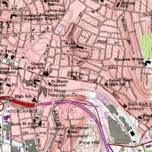Topographic Map of Waterbury Fire Department Station 2, CT