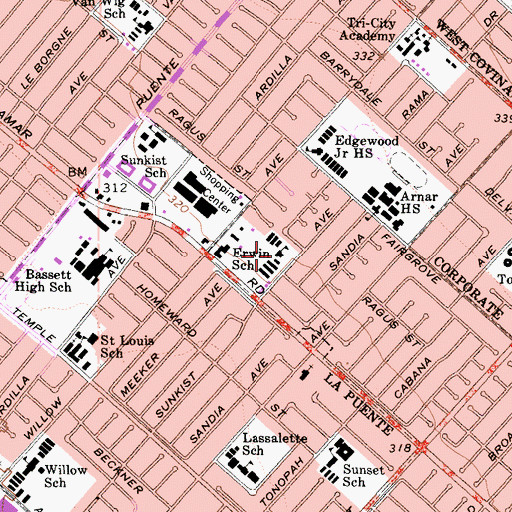 Topographic Map of Thomas E Erwin Elementary School, CA