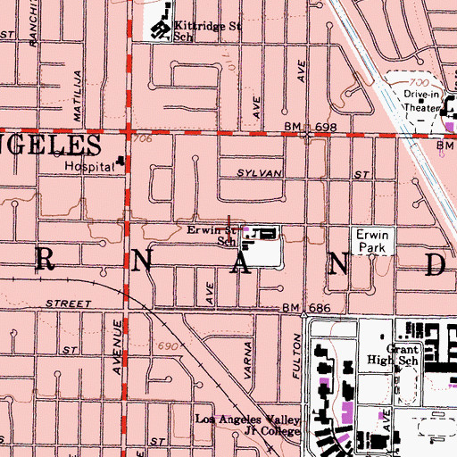 Topographic Map of Erwin Elementary School, CA