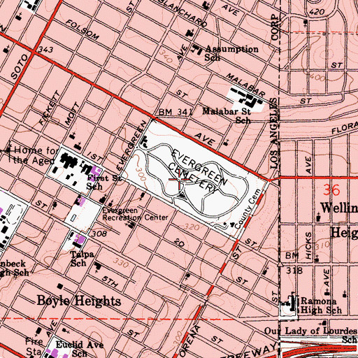 Topographic Map of Evergreen Cemetery, CA