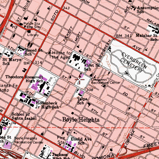 Topographic Map of Evergreen Recreation Center, CA
