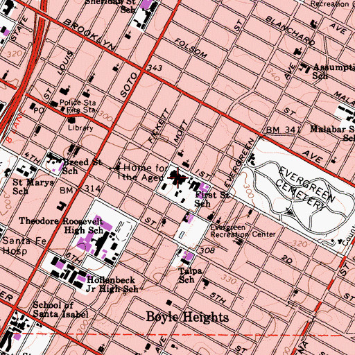 Topographic Map of First Street Elementary School, CA
