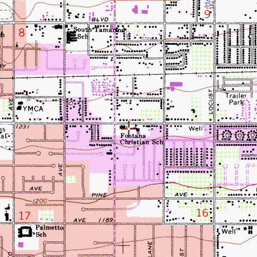 Topographic Map of Fontana Christian School, CA