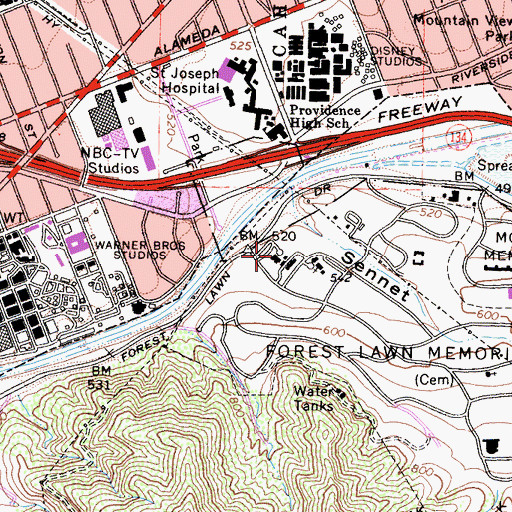 Topographic Map of Forest Lawn Memorial Park, CA