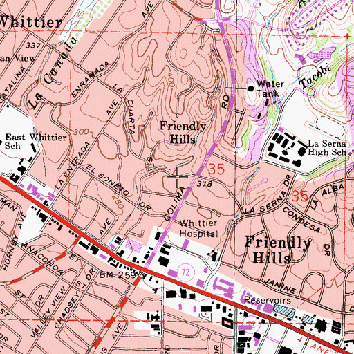 Topographic Map of Friendly Hills, CA