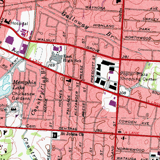 Topographic Map of Fellowship Bible Church of Memphis, TN