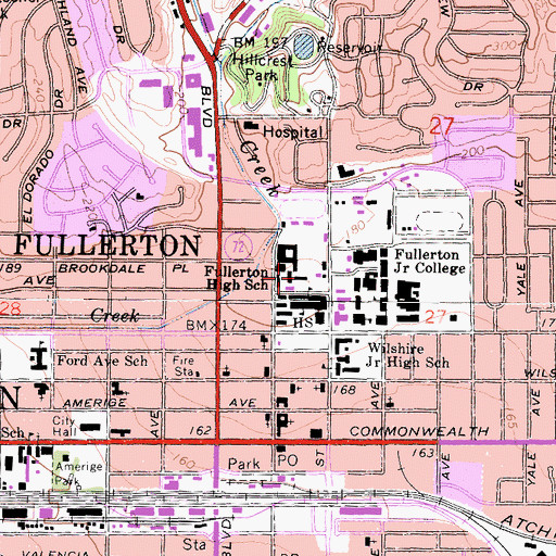 Topographic Map of Fullerton Union High School, CA