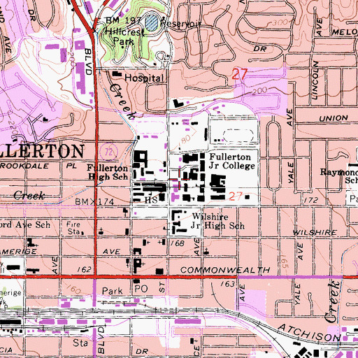 Topographic Map of Fullerton College, CA