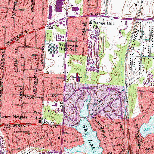 Topographic Map of Trezevant Career Vocational Technical School, TN