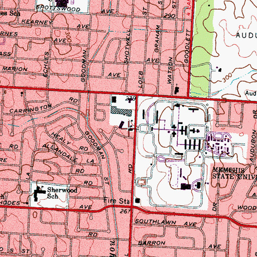 Topographic Map of University of Memphis Memphis Speech and Hearing Center East Center, TN