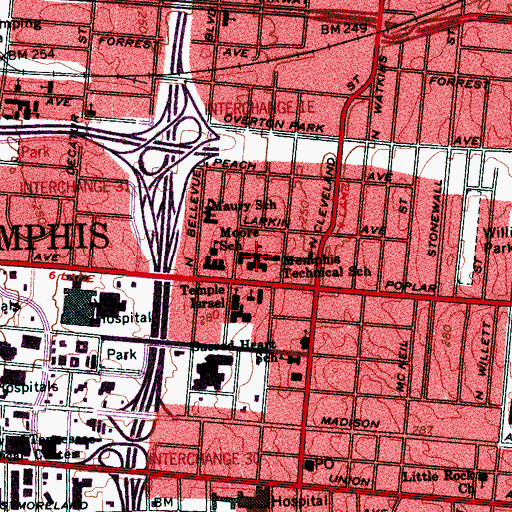 Topographic Map of Mississippi Boulevard Christian Academy, TN