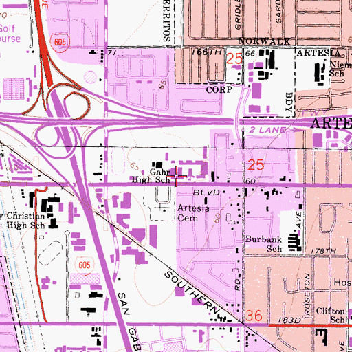 Topographic Map of Gahr High School, CA
